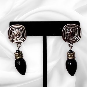 Vintage Elegant Earrings Faux Black Onyx Silver Tone Art Deco Statement